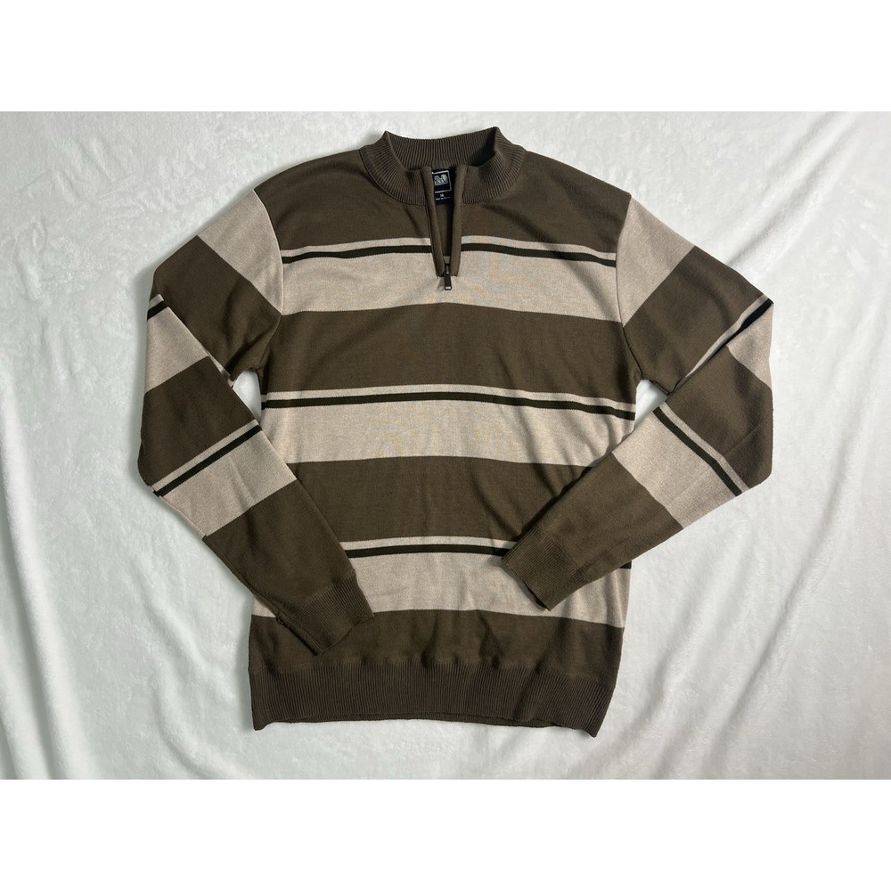 RND Brown Beige Olive Striped 1/4 Zip Mock Neck Knit Pullover Sweater Women's 18